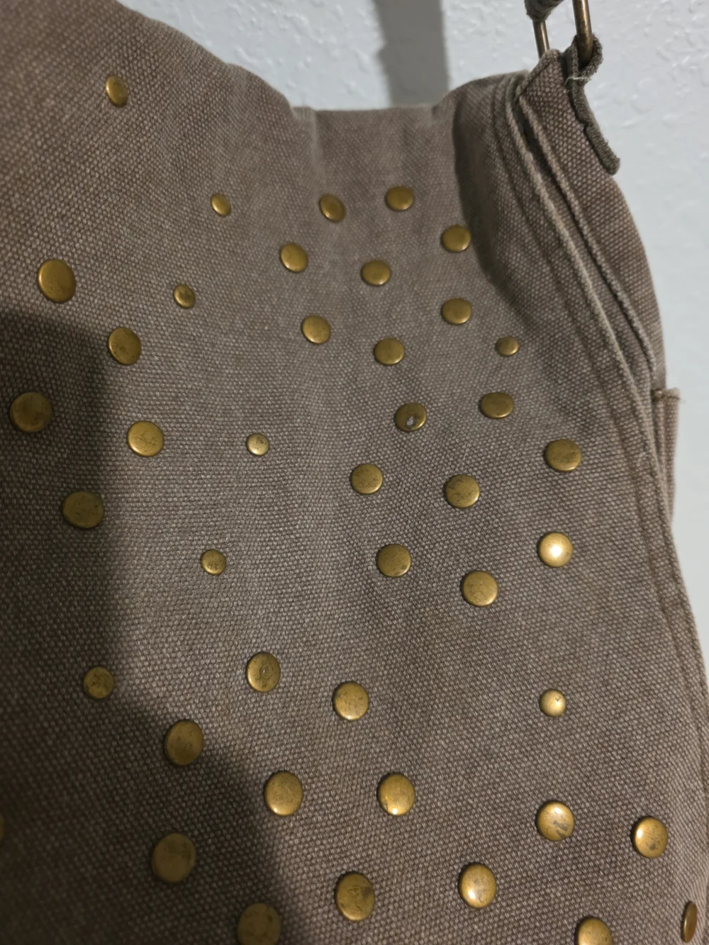 Old Navy Taupe Canvas Messenger Bag with Gold Studs Mushrooms